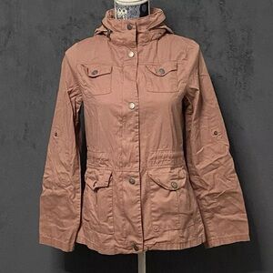 Snobbish Utility Anorak Jacket Womens S/M Pink LIghtweight Packable Hood Pockets